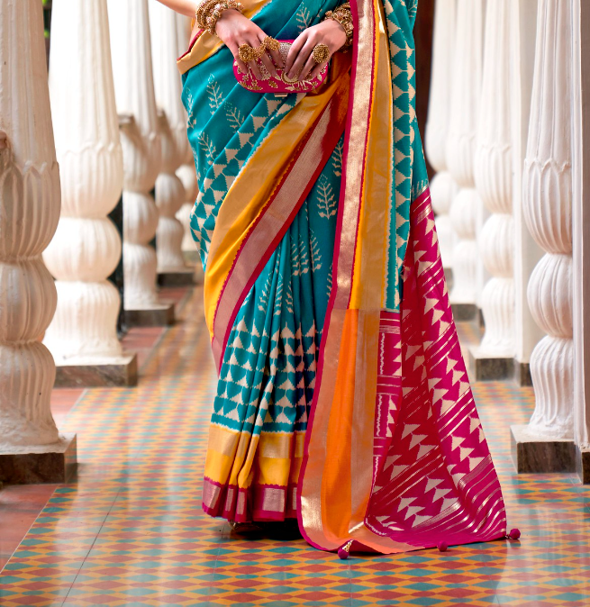 Sky Blue And Pink Designer Patola Saree