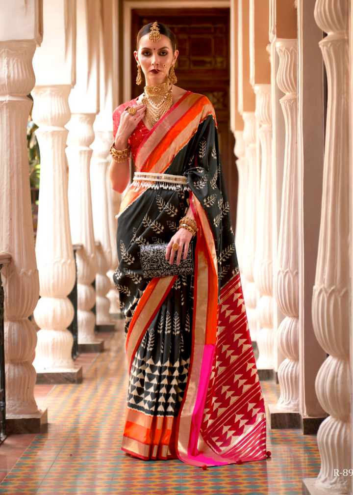 Royal Black And Red Designer Patola Saree