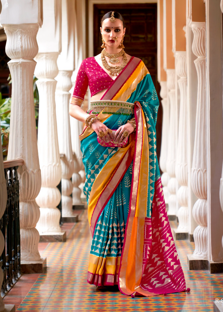 Sky Blue And Pink Designer Patola Saree