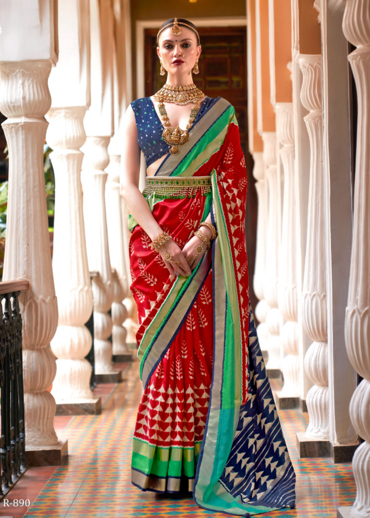 Bridal Red And Teal Blue Designer Patola Saree