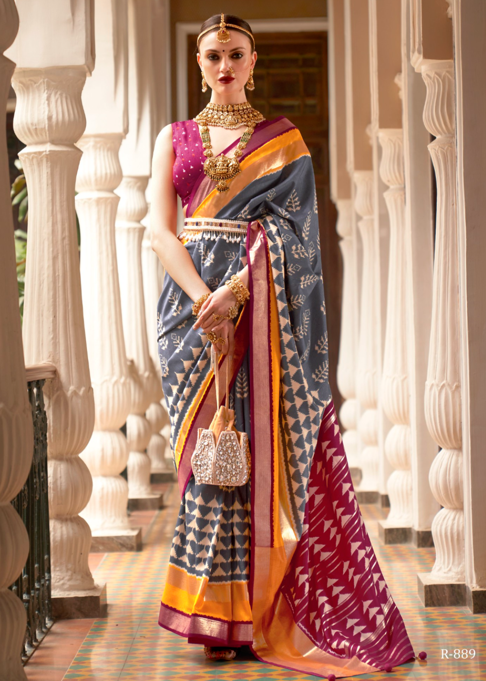 Charcoal Grey And Pink Designer Patola Saree