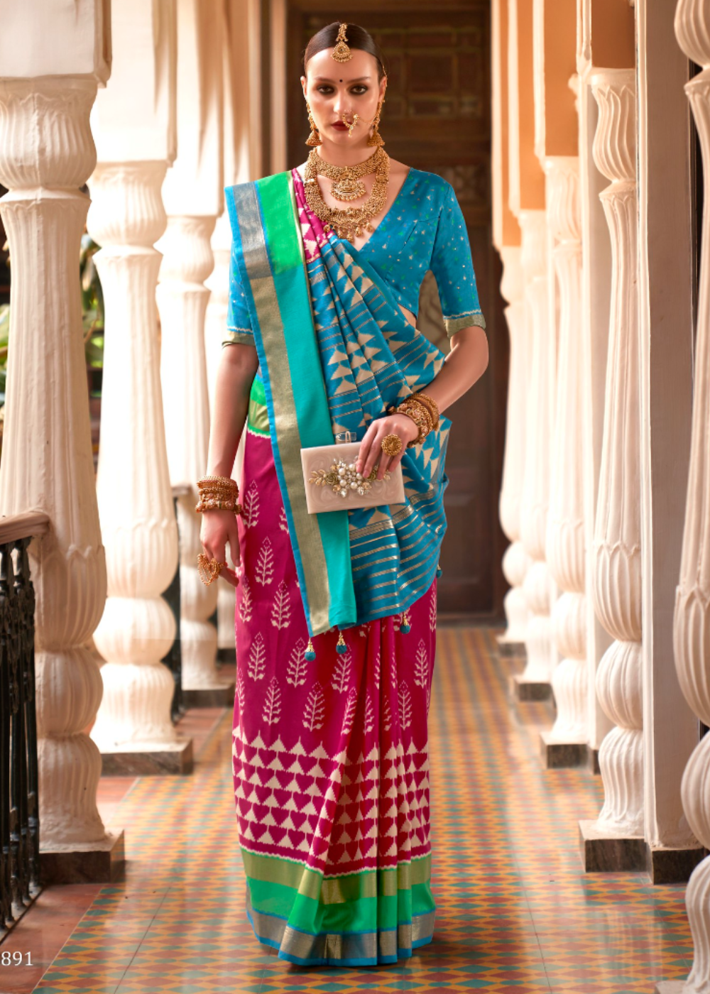 Queen Pink And Blue Designer Patola Saree