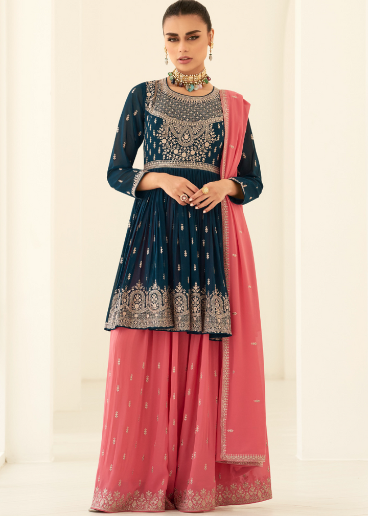 Teal Blue Designer Embroidery Georgette Sharara Set