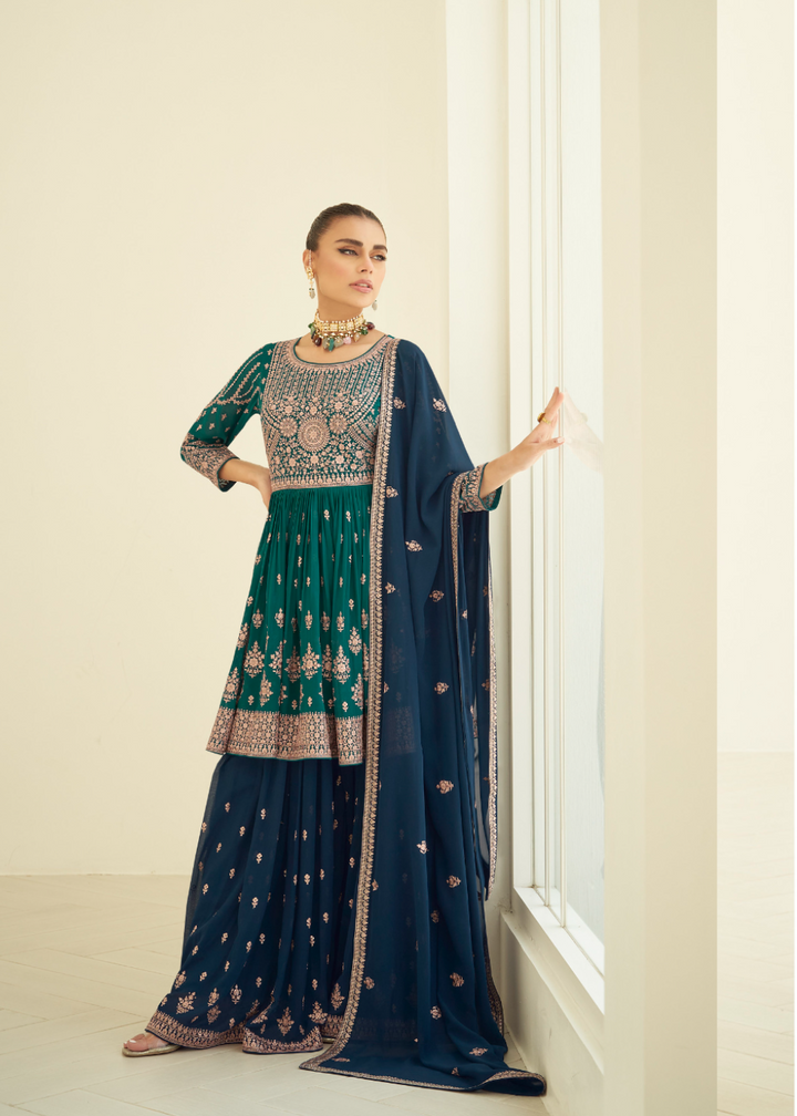 Peacock Blue Designer Embroidery Georgette Sharara Set