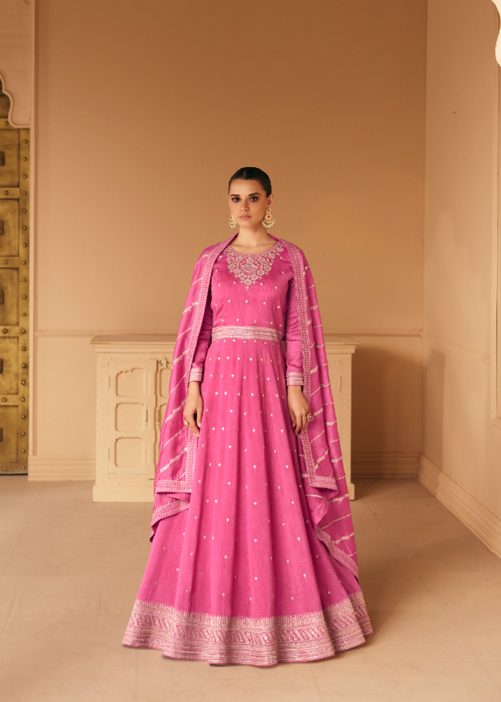 Rose Pink Designer Embroidery Silk Gown With Duppata