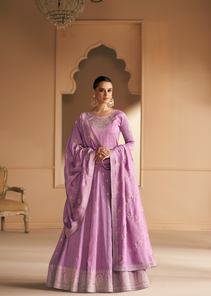 Lilac Purple Designer Embroidery Silk Gown With Duppata