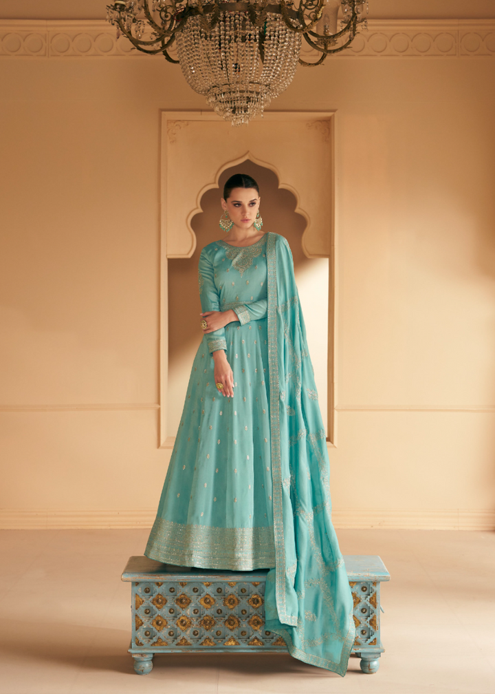 Cloud Blue Designer Embroidery Silk Gown With Duppata