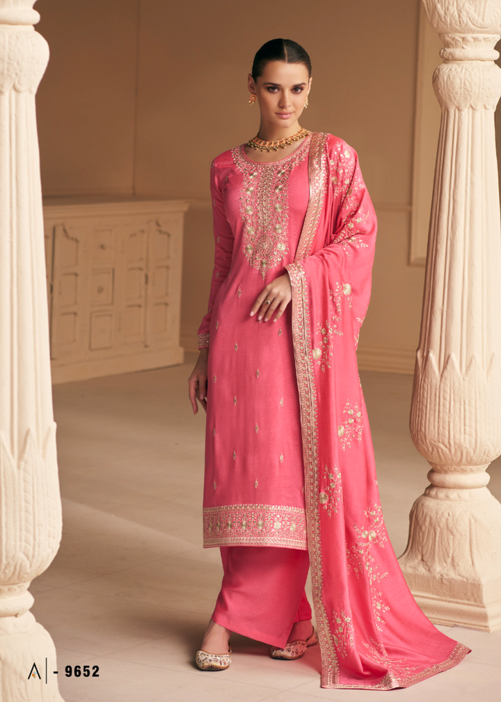 Fiery Rose Pink Designer Embroidery Silk Salwar Suit