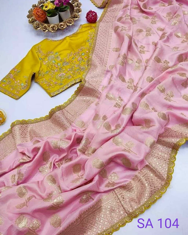 Baby Pink and Yellow Woven Dola Silk Saree with Designer Blouse