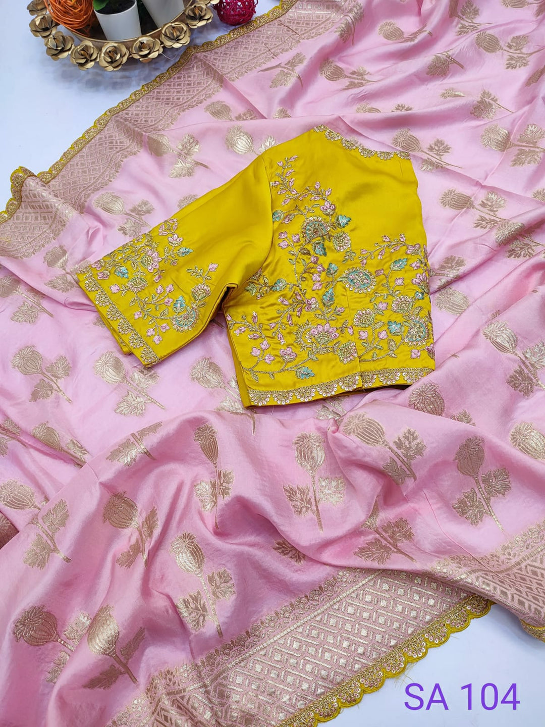 Baby Pink and Yellow Woven Dola Silk Saree with Designer Blouse