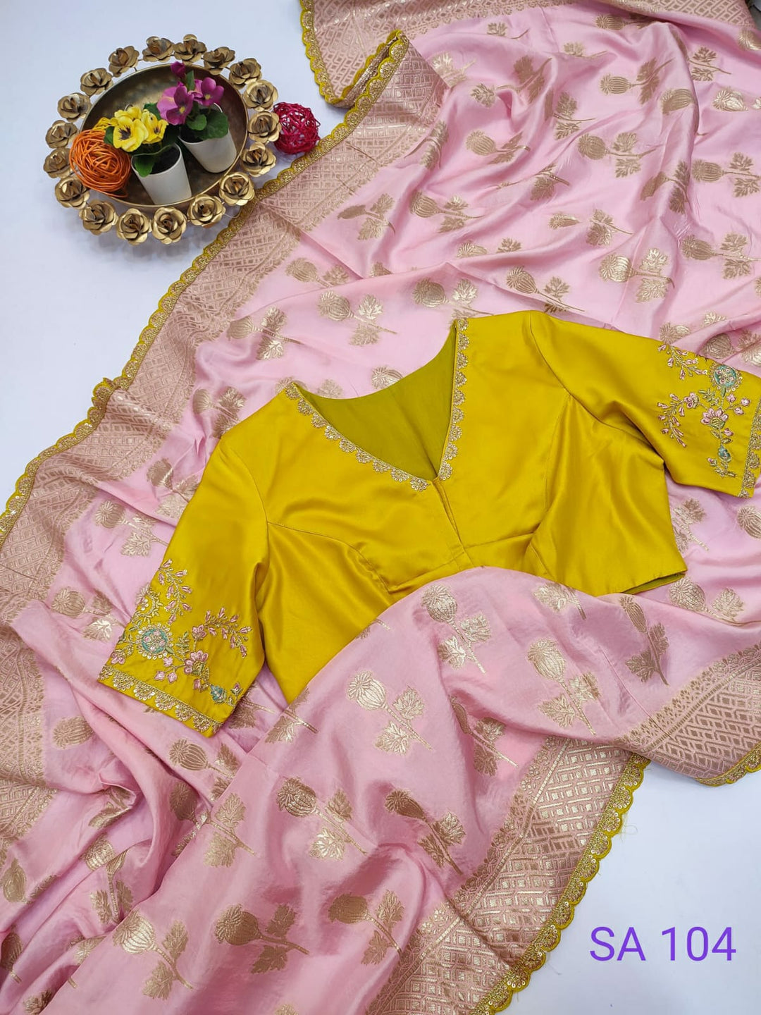 Baby Pink and Yellow Woven Dola Silk Saree with Designer Blouse