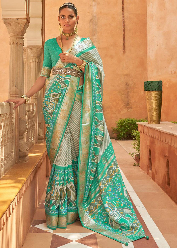 Aqua Green Designer Silk Patola Saree With Blouse