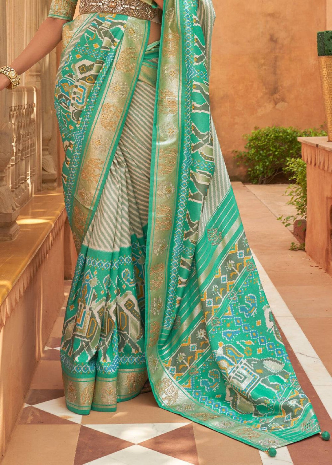 Aqua Green Designer Silk Patola Saree With Blouse