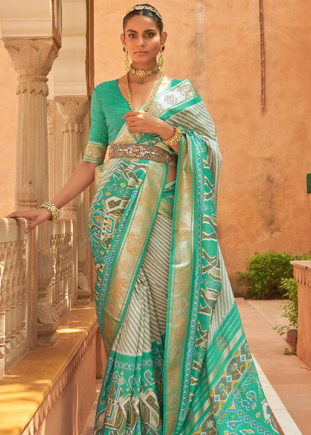 Aqua Green Designer Silk Patola Saree With Blouse