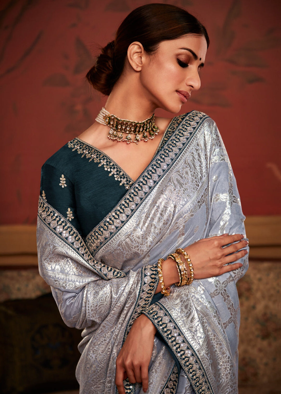 Silver Grey Designer Soft Pure Dola Silk Saree