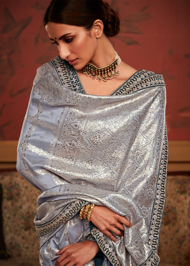 Silver Grey Designer Soft Pure Dola Silk Saree