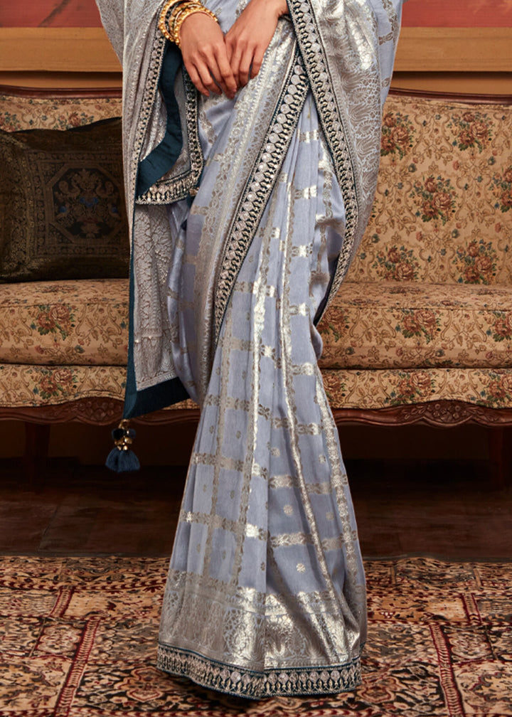 Silver Grey Designer Soft Pure Dola Silk Saree