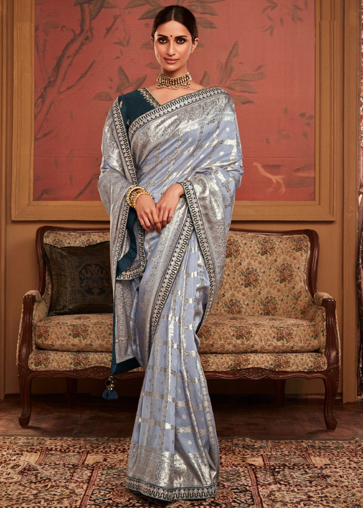 Silver Grey Designer Soft Pure Dola Silk Saree