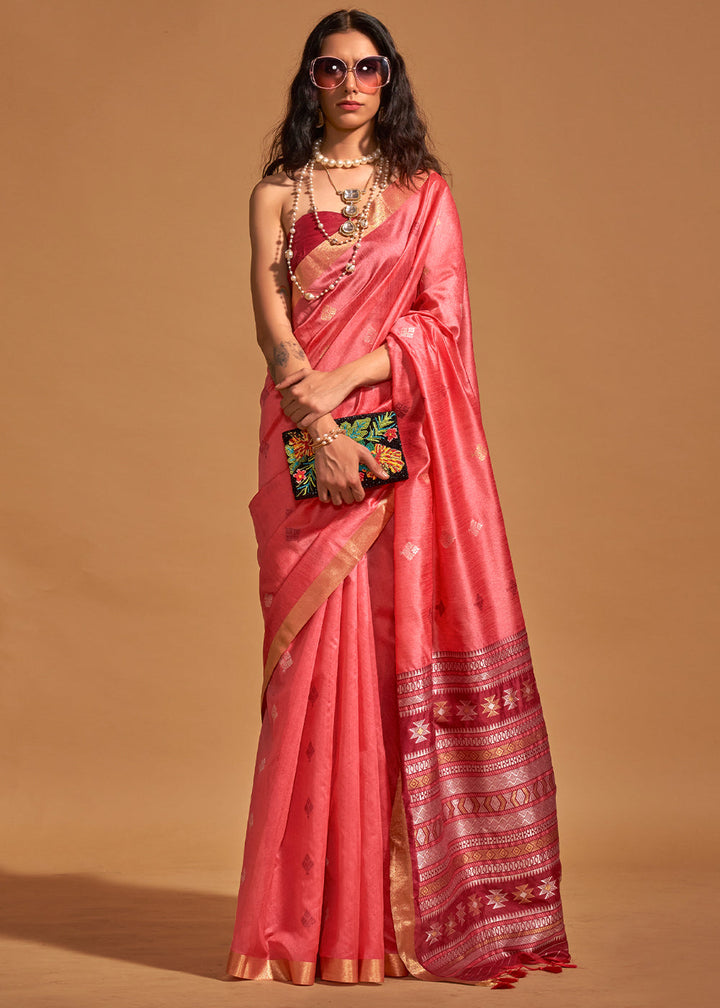 Tomato Pink Handloom Weaving Saree