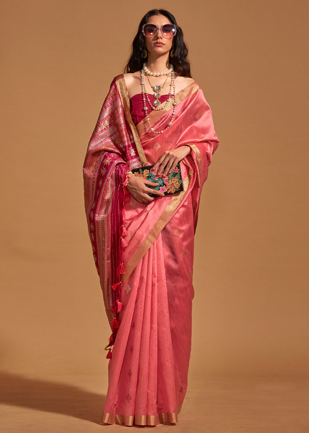 Tomato Pink Handloom Weaving Saree