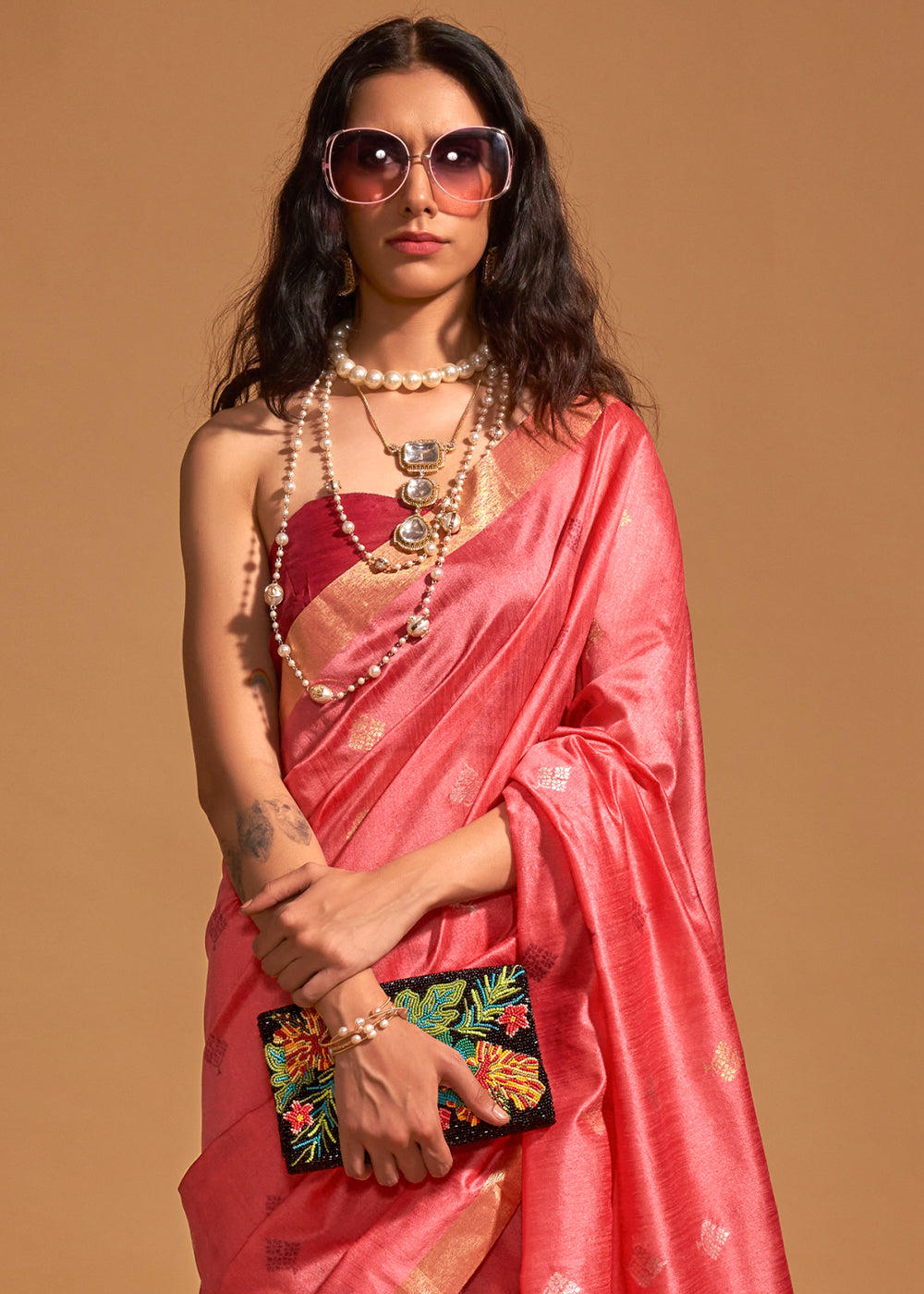 Tomato Pink Handloom Weaving Saree