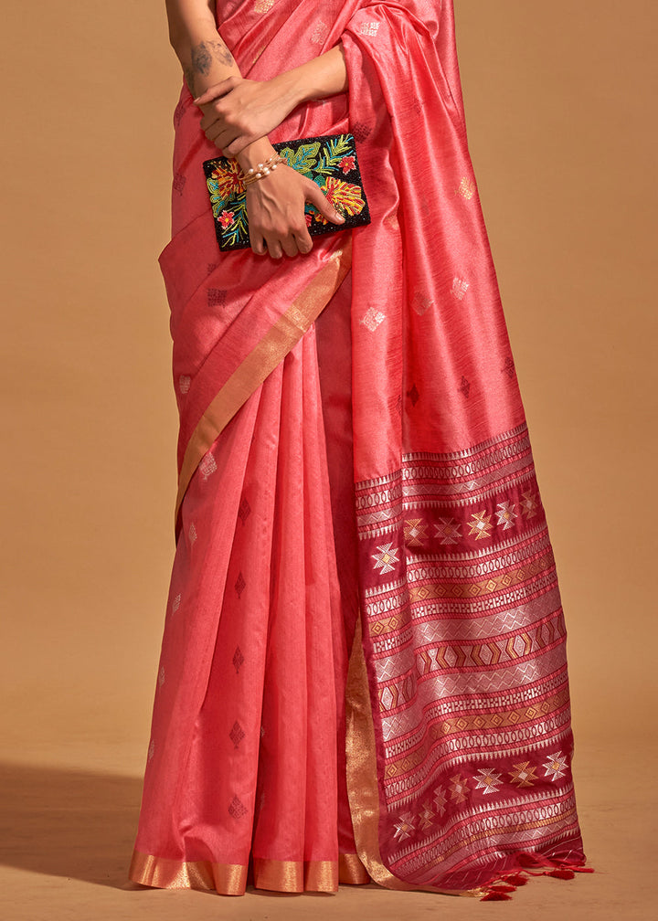 Tomato Pink Handloom Weaving Saree