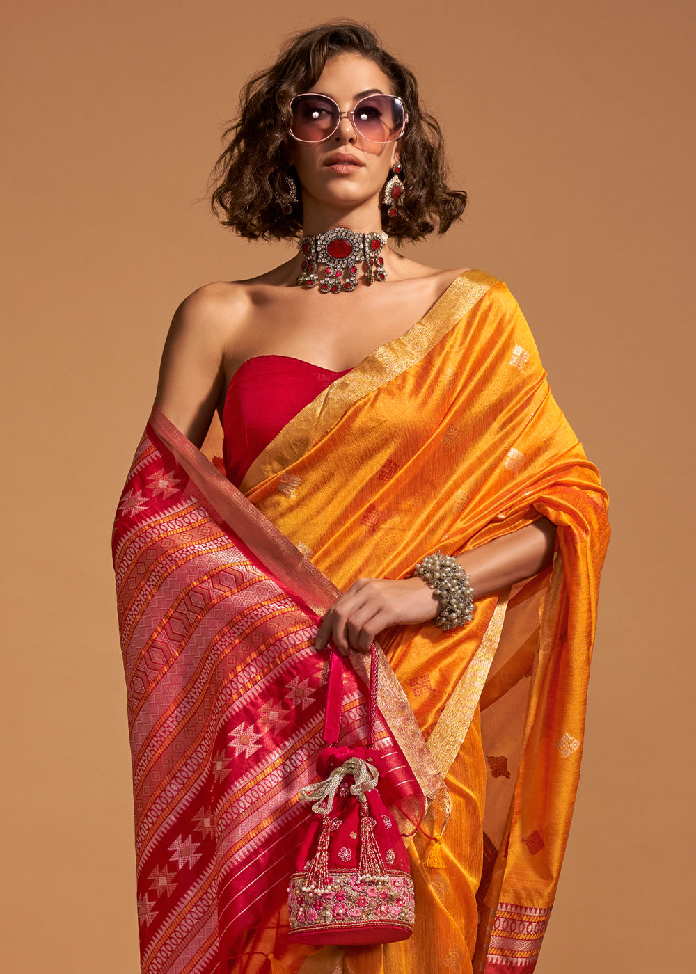 Oranges Yellow Handloom Weaving Saree