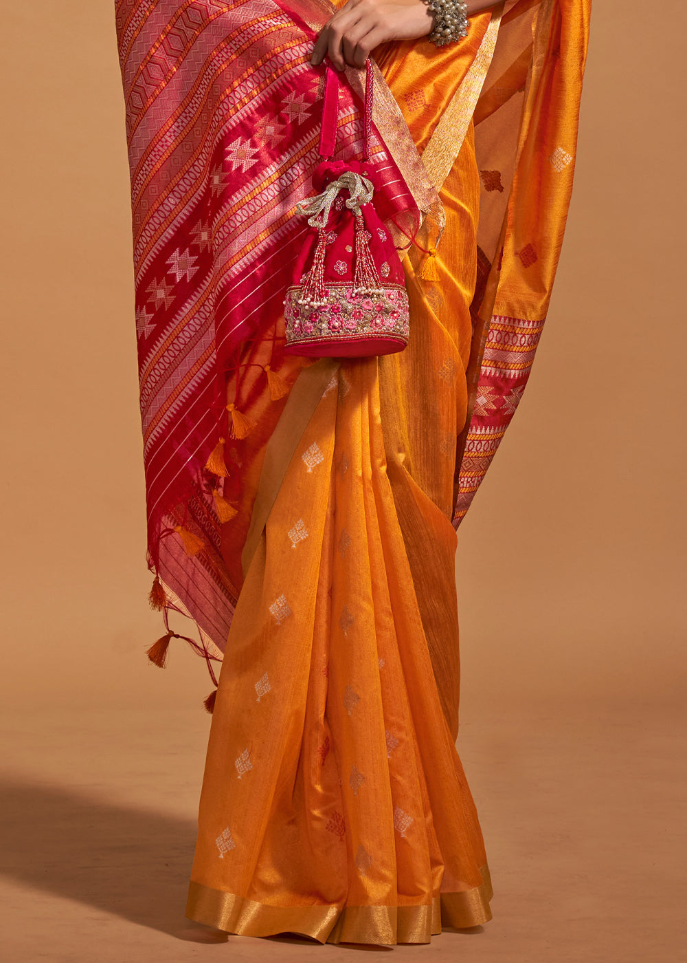 Oranges Yellow Handloom Weaving Saree