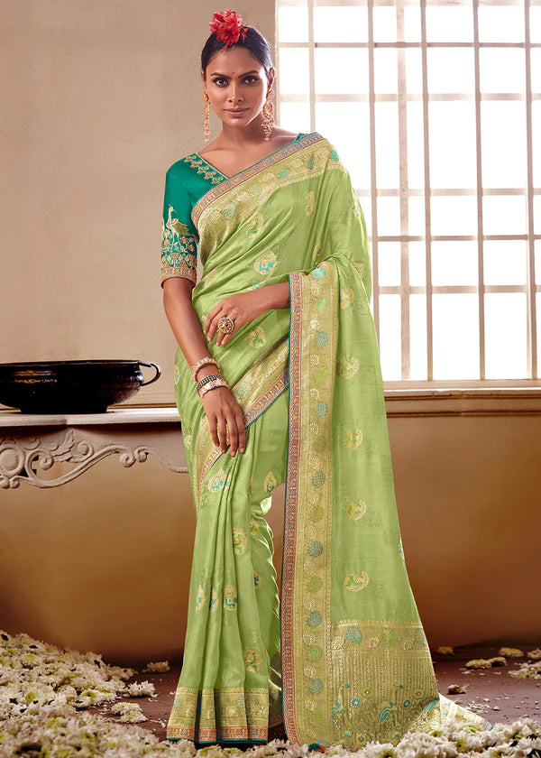 Sage Green Woven Dola Silk Saree with Designer Embroidery Blouse