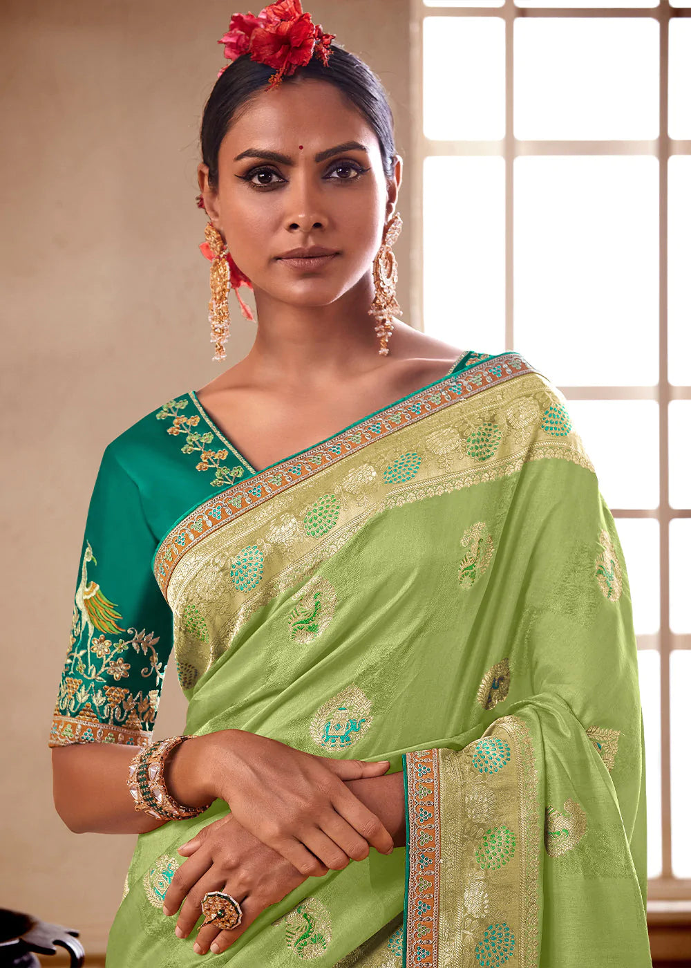 Sage Green Woven Dola Silk Saree with Designer Embroidery Blouse