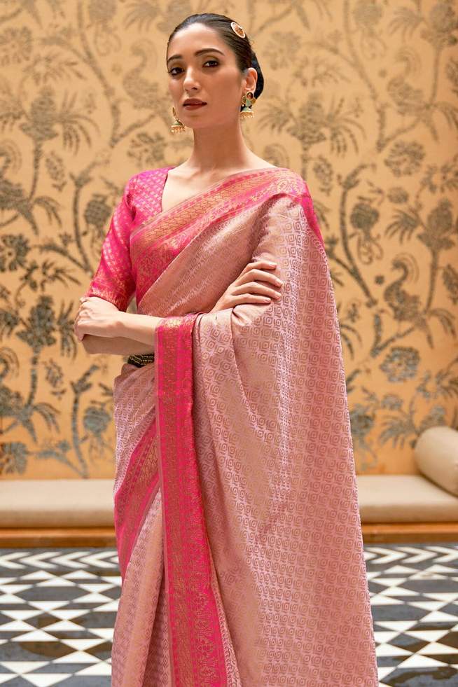 Rose Pink Woven Banarasi Silk Saree