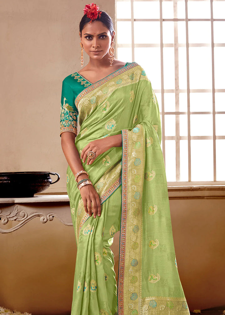 Sage Green Woven Dola Silk Saree with Designer Embroidery Blouse