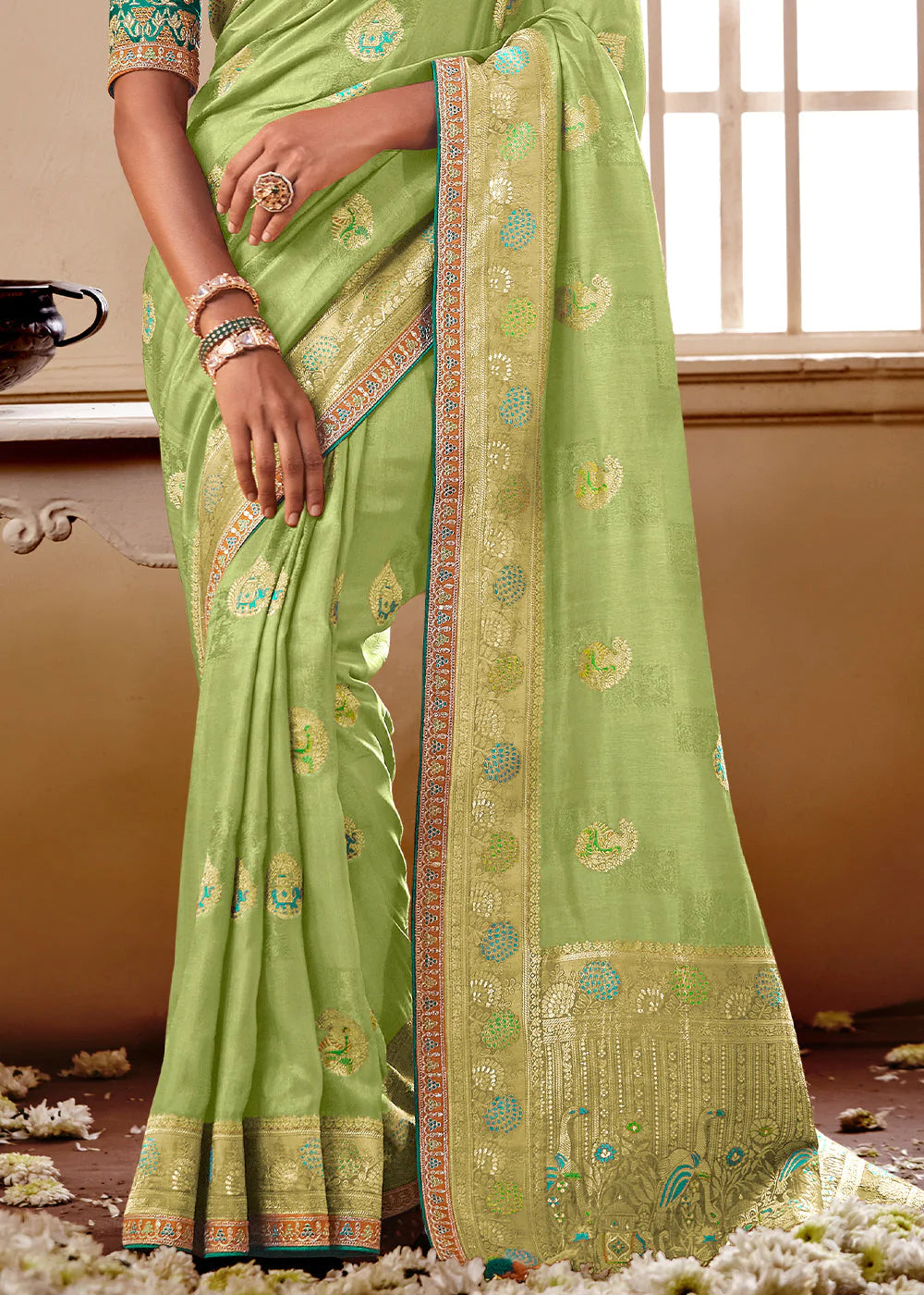 Sage Green Woven Dola Silk Saree with Designer Embroidery Blouse