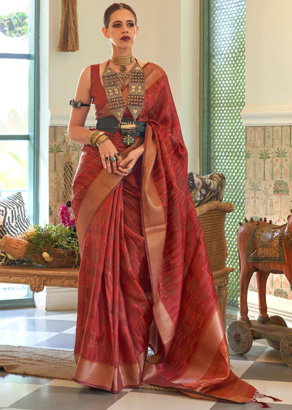 Carmine Red Dual Tone Woven Organza Silk Saree