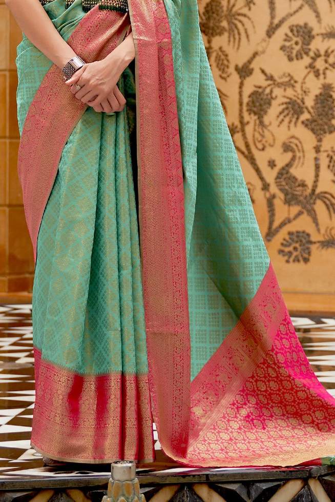 Bay Leaf Green And Pink Woven Banarasi Silk Saree