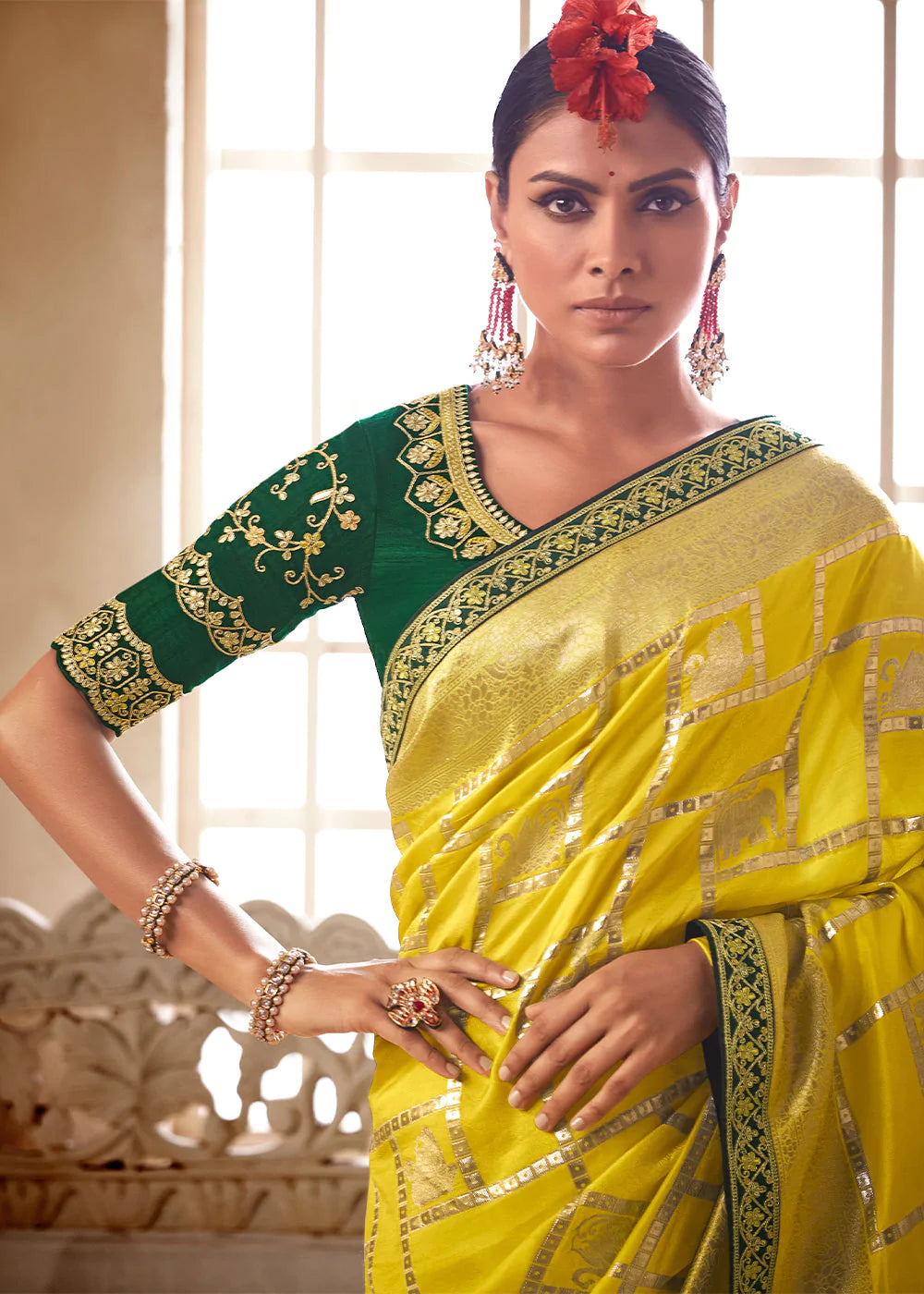 Yellow saree best sale with green blouse
