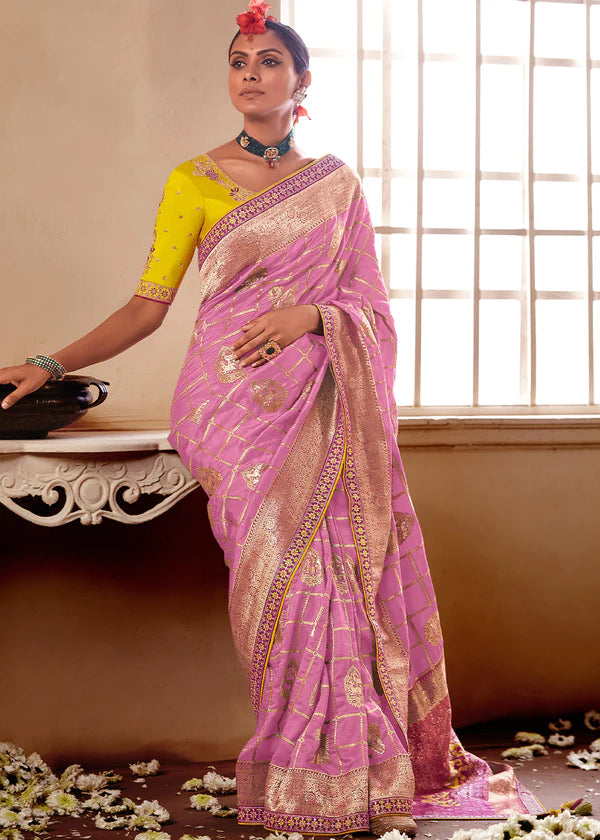 Baby Pink And Yellow Woven Dola Silk Saree with Designer Embroidery Blouse