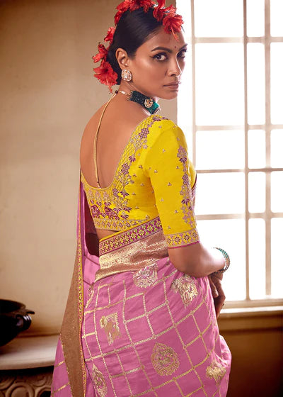 Baby Pink And Yellow Woven Dola Silk Saree with Designer Embroidery Blouse