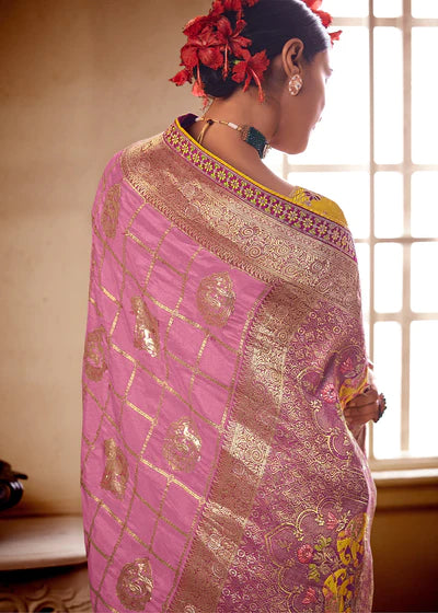 Sandy Yellow and Pink Designer Banarasi Saree – MySilkLove