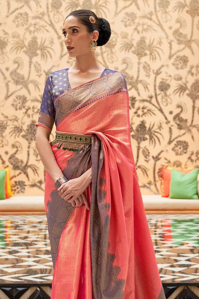 Gulmahor Pink and Blue Woven Banarasi Silk Saree