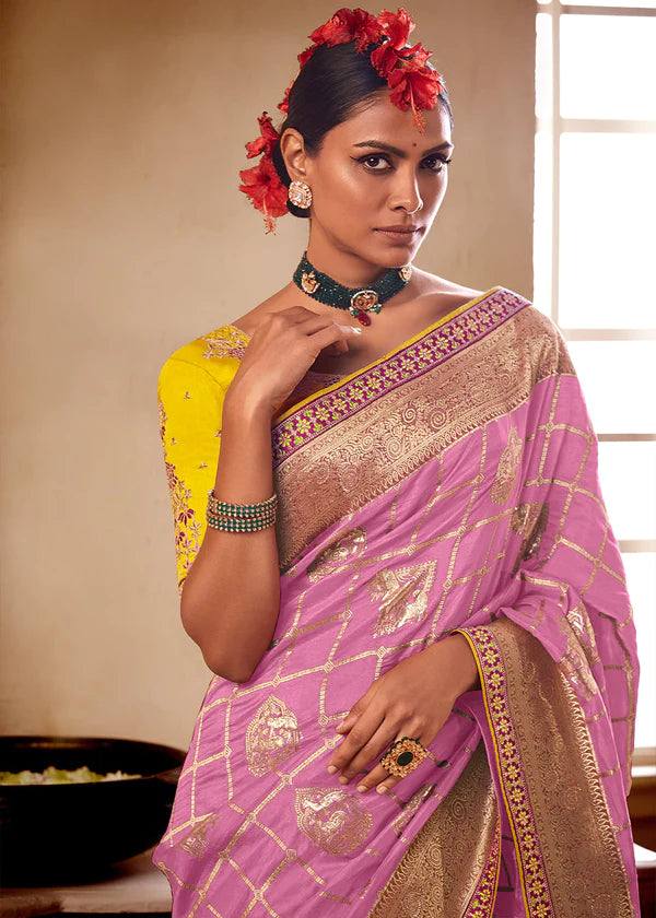 Baby Pink And Yellow Woven Dola Silk Saree with Designer Embroidery Blouse