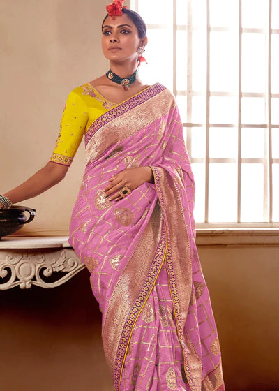 Maharani's Designer Party Wear Organza Saree - Pink (with Stitched Pet –  Maharani Collections