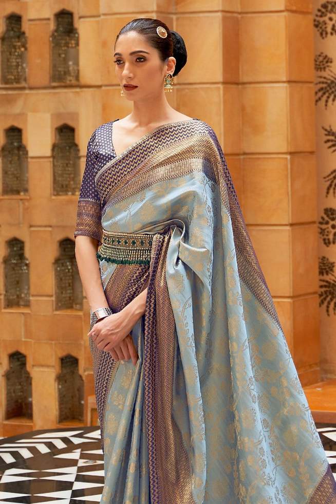 Silver Grey Woven Banarasi Silk Saree