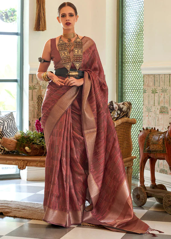 Chocolate Brown Dual Tone Woven Organza Silk Saree