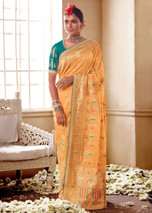 light Orange Woven Dola Silk Saree with Designer Embroidery Blouse