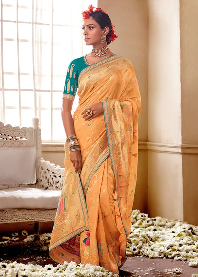 light Orange Woven Dola Silk Saree with Designer Embroidery Blouse