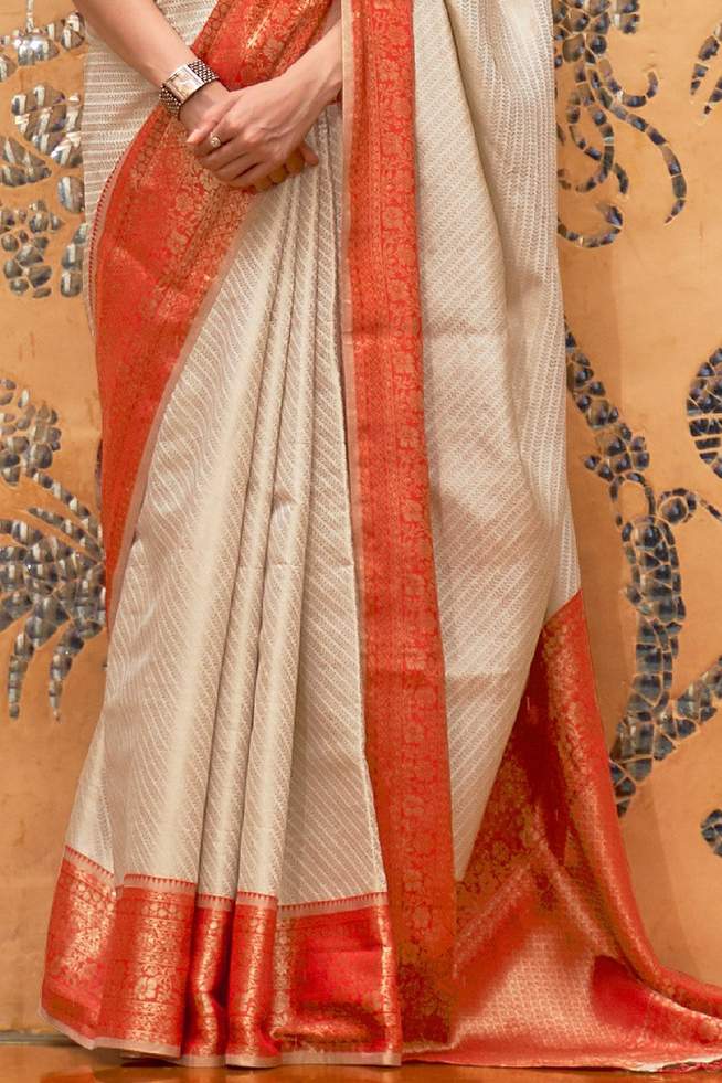 Orange Cream Woven Banarasi Silk Saree