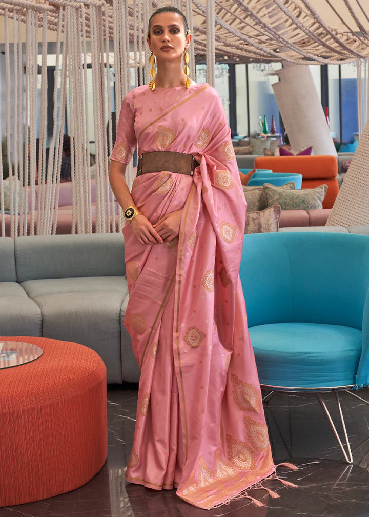 Light Pink satin silk saree for women festive wear