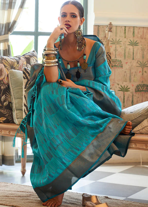 Heaven Blue Dual Tone Woven Organza Silk Saree