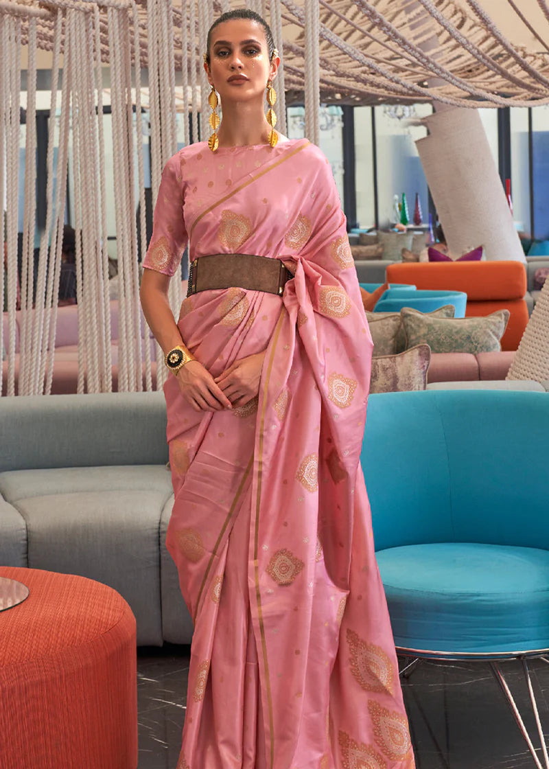 Light Pink satin silk saree for women festive wear